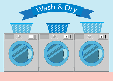 Line of industrial laundry machines in Flat style, laundromat waのイラスト素材