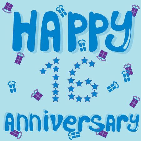 Celebrating 16 years anniversary card. Happy Anniversary 16 years for boy. Vector Illustration with hand drown lettering.のイラスト素材