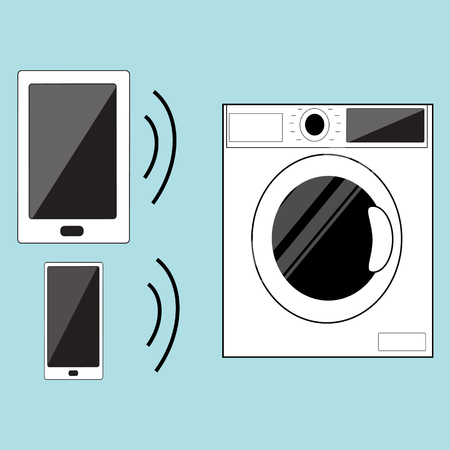Smart house flat design. Smart home concept of WIFI control of washing machine by phone and Tablet PC in Line art Vector Illustration. Smart house, centralized wireless technology control system for monitoring and electronic things.のイラスト素材