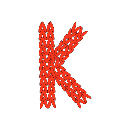 Knitting alphabet abc K letter in red color on white background. Christmas or New Year concept for banner, card, billboard, print or web site. Vector illustration.の写真素材