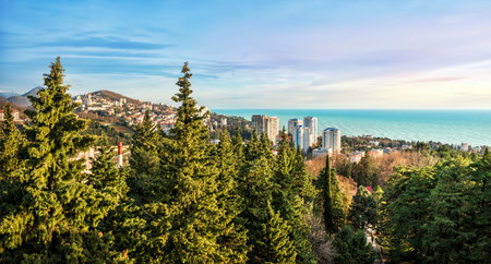 View of the city of Sochi, the mountains and the Black Sea from a bird's eye view on a sunny evening...