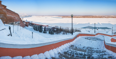 Nizhny Novgorod from the height of the Chkalov ladder and the view of the frozen Volga River on a sunny winter dayの写真素材