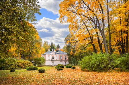 Palace of Peter 3 in Oranienbaum surrounded by golden autumn trees of the parkのeditorial素材