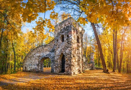 Ruin tower in Tsaritsyno park in Moscow among autumn golden trees on an early sunny morningの写真素材