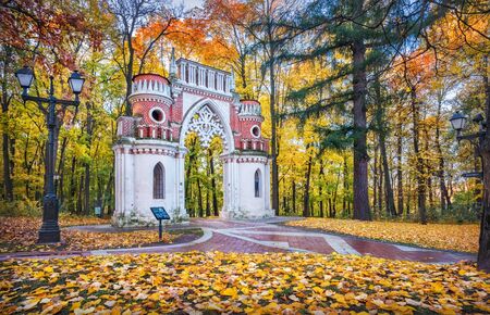 Curly Grape Gate in Tsaritsyno Park in Moscow among golden autumn trees in the morning sunの写真素材