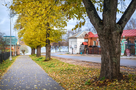 Alley with yellow autumn trees and old houses in Uglich in the light of a cloudy morning Caption: Museum of Bicycle History Scooterのeditorial素材