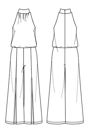 Vector woman halter neck jumpsuit technical drawing, sleeveless jersey jumpsuit fashion CAD, straight wide legs jumpsuit templateのイラスト素材