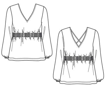Woman blouse sketch, blouse CAD, top sketch for woman, blouse drawing, woman clothes sketch, woman appeal, top CAD, wrapped blouse sketch, top technical drawing, female flat, off-shoulder T-Shirtのイラスト素材