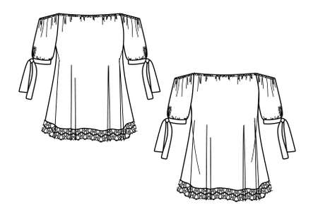 Vector opened shoulder blouse sketch, women top fashion CAD, tank top technical drawingのイラスト素材