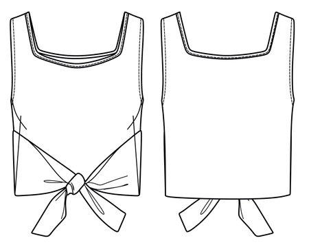 Vector square neck top with bow detail fashion CAD, sleeveless crop woman top technical drawing, template, sketch, flat. Jersey or woven fabric blouse with front, back view, white colorのイラスト素材