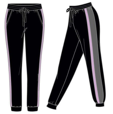 Vector straight sweat pants fashion CAD, woman relaxed fit trousers with pockets technical drawing, pant with waistband and drawstring detail template, flat, sketchのイラスト素材