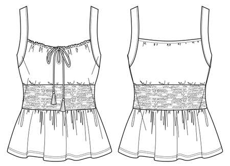 Vector sleeveless top fashion CAD, woman blouse with smocked detail technical drawing, flat, sketch, mock up, template. Jersey or woven fabric t shirt with front, back view, white colorのイラスト素材