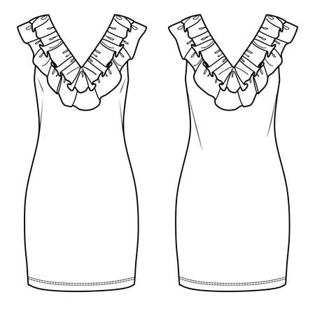 Vector woman summer dress fashion CAD, sleeveless dress with frills technical drawing, template, flat, sketch. Jersey or woven fabric dress with front, back view, white colorのイラスト素材