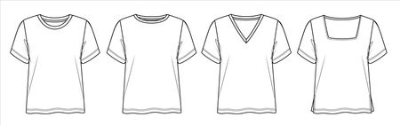 Vector short sleeved T-Shirt fashion CAD, woman round, square and V neck top technical drawing, template, flat, sketch. Jersey or woven fabric 4 pieces set t-shirt with front, backのイラスト素材