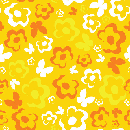 Butterflies and flowers in the background. Bright yellow orange seamless textureのイラスト素材