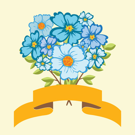 Bouquet of blue flowers and ribbon for your text. Greeting card, invitation card, banner. Vector illustration.のイラスト素材