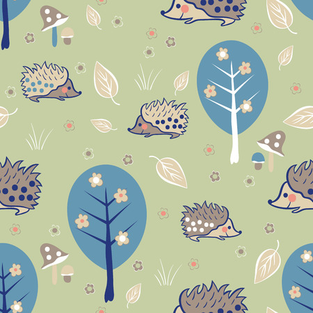 Cute seamless pattern with hedgehog in the forest..Use it as pattern fills, web page background, surface textures, fabric or paper, backdrop design.のイラスト素材