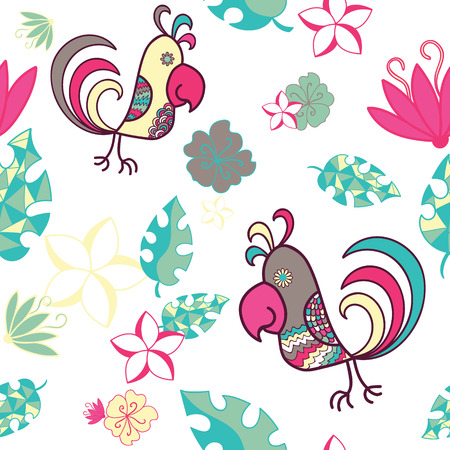seamless pattern with cartoon parrots and tropical plants. Children's illustration in vector.のイラスト素材