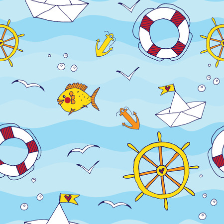 Marine seamless pattern. Doodle sea travel elements in funny cartoon background in vectorのイラスト素材