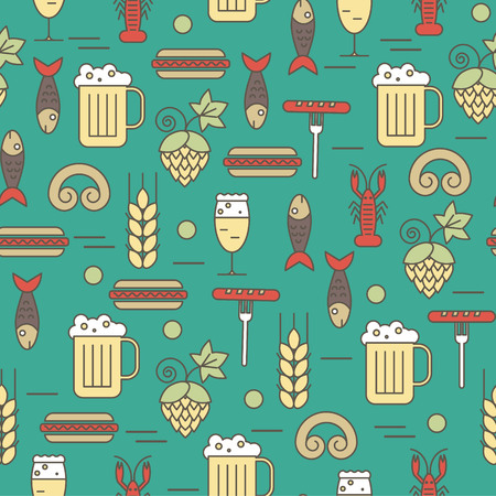 Beer and snack icons in a linear style, seamless pattern for your design.のイラスト素材