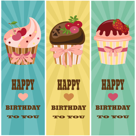 Set of retro vintage happy birthday card with cake.のイラスト素材