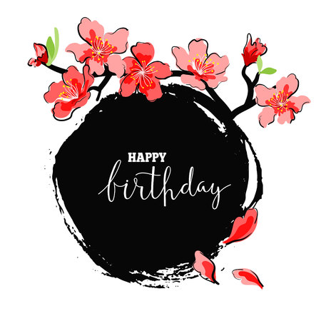 Greeting card with cherry flowers and black frame.のイラスト素材