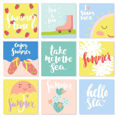 Vector set of funny summer cards. Beautiful summer posters with cactus, strawberry, flip-flops, skates, sun, palm leaves, phrases "Take me to the sea", "Hello sea", "Enjoy summer" and othersのイラスト素材