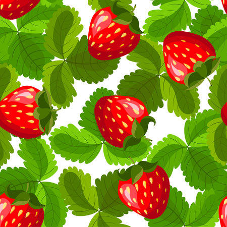 Seamless pattern with strawberry and leaves. Background for your design with bright, contrasting red berries and green leaves. Vector illustration.のイラスト素材