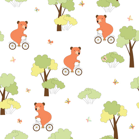Seamless pattern with funny bear on bicycle and butterflies in forest. Cute children background. Vector illustration.のイラスト素材