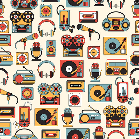 Seamless pattern with symbols of retro tape, cassette, boombox, turntable, records.のイラスト素材