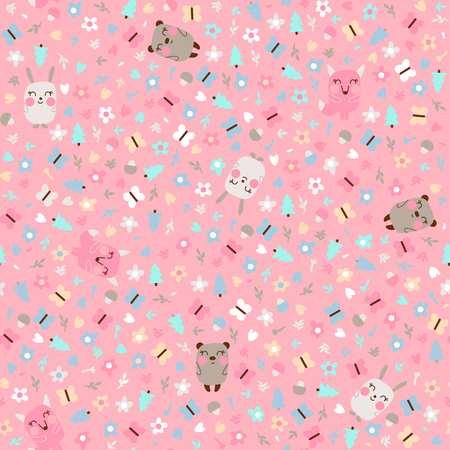 Vector seamless pattern with hare, bear, fox and flowers on a pink background.Cute children cartoon illustration.のイラスト素材
