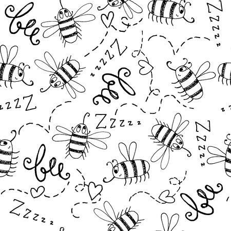 Seamless background with hand-drawn cute bees on a white background.  Monochrome fun background for your design. Vector illustration.のイラスト素材