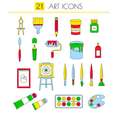 Drawing and painting tools with  palette pencils and brushes isolated vector  icons in a linear style .のイラスト素材