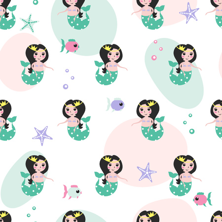 Seamless pattern with cute mermaid in green suit, fish and starfish on a white background with pink and green spots.のイラスト素材