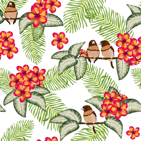 Tropical seamless pattern. Leaves, flowers and birds. Beautiful background with exotic nature. Vector illustration.のイラスト素材