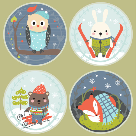 Set of 4 round cards with cute cartoon animals. Funny owl, fox, bear and hare in the forest. Children's illustrations. Vector.のイラスト素材