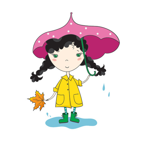 Sweet girl in a raincoat and an umbrella. Autumn season. Hand-drowing vector illustration.のイラスト素材