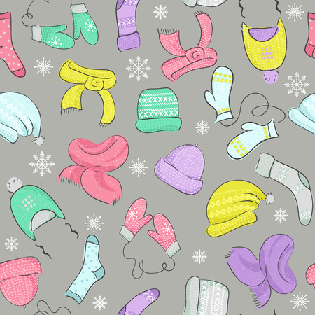 Female knitted accessories seamless pattern. Hats, scarves, mittens, socks Doodle style. Vector seamless background, cold season.のイラスト素材