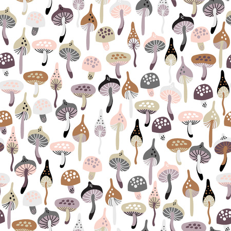Seamless doodle pattern with forest mushrooms on a white background. Beautiful autumn illustration in vector.のイラスト素材