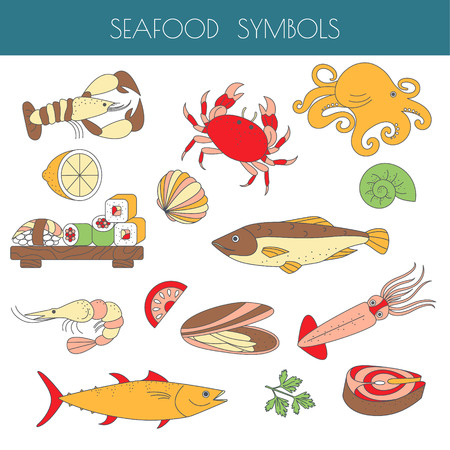 Vector set of different types of marine animals and fish. Seafood elements collection. Vector illustration.のイラスト素材