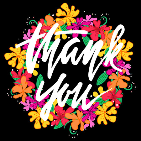 Brush lettering quote Thank you at a black background with floral wreath.  Motivational typography art for posters, cards and social media.のイラスト素材