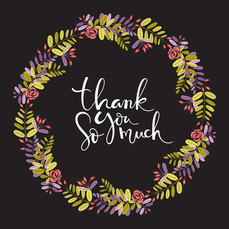 Round frame (wreath) of abstract branches, leaves and berries of wild rose, and inscription "Thank you so much" on a black background. Floral background, element for your design in vector.のイラスト素材