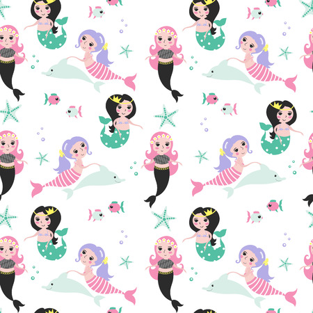 Pattern with different cute mermaids, dolphin, fish and starfish on a white .のイラスト素材
