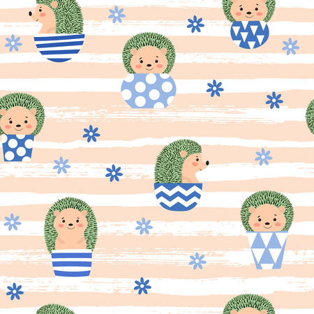 Seamless pattern with cute smiling hedgehogs sits in a pot on a striped background. Vector illustration.の写真素材