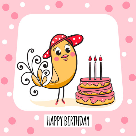 Vector illustration with cute cartoon bird in a red cap and a cake with candles. Happy Birthday card design, greeting card, postcard, poster.のイラスト素材