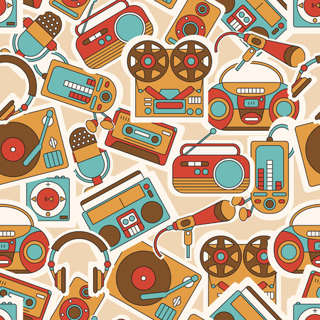 Seamless pattern with symbols of retro tape, cassette, boombox, turntable, records.のイラスト素材