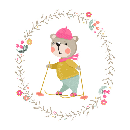 Cartoon bear on skis in frameのイラスト素材