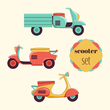 Set of different types of scooters in the flat style. Retro scooter, vintage style for your design.のイラスト素材