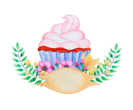 Watercolor cupcake and flowers.の写真素材