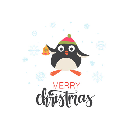 Christmas card with funny penguin with Christmas bell and inscription - Merry Christmas. Vector illustration.のイラスト素材